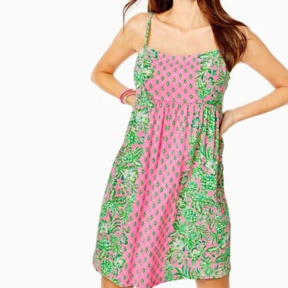 Lilly Pulitzer Pink & Green Floral Spaghetti-Strap Mini Dress